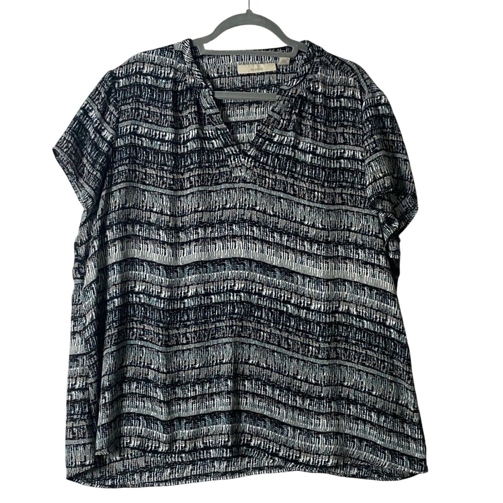 Sejour Women 16W Black Blue Abstract Striped Split V-Neck Short Sleeve Blouse